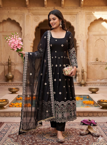 Teeya Creation Premium Black Ethnic Kurti With Sharara And Embellished Dupatta Set