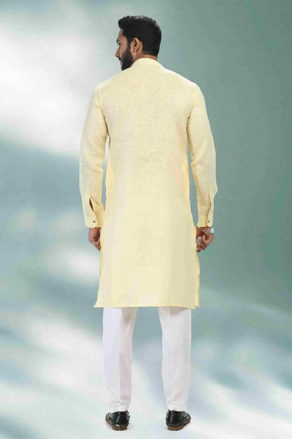 Raivat Ethnic Linen Cotton Pintux Work Kurta Pajama In Yellow Colour