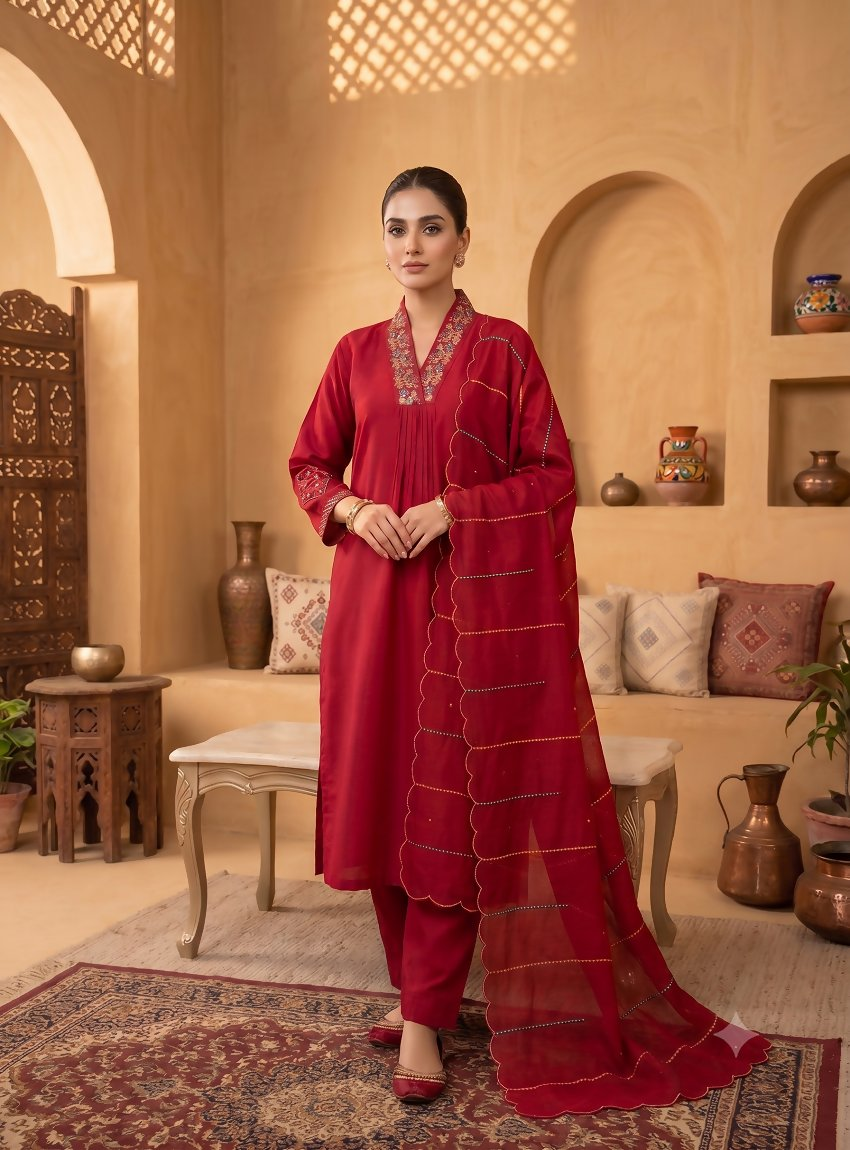 Teeya Creation Rani Pink Embroidered Silk Kurta Pant Set With Dupatta