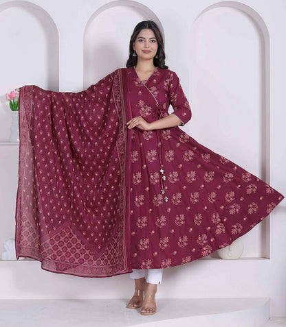 Miravan Womens Maroon Floral Printed Angrakha Pure Cotton Kurta And Dupatta