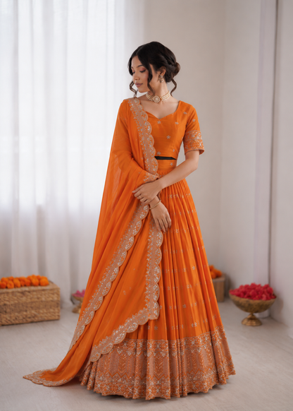 Prazu Fashion Orange Satin Silk Thread With Sequence Designer Lehenga