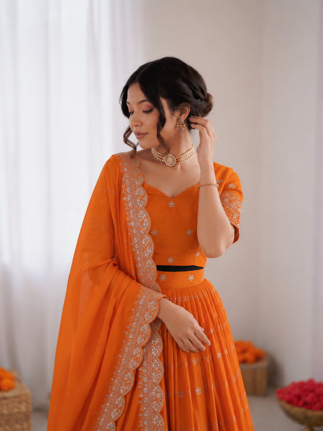 Prazu Fashion Orange Satin Silk Thread With Sequence Designer Lehenga
