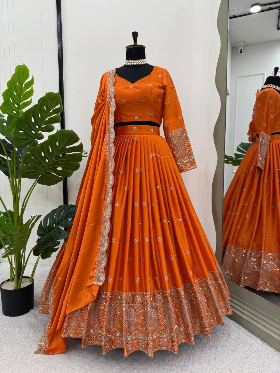 Prazu Fashion Orange Satin Silk Thread With Sequence Designer Lehenga