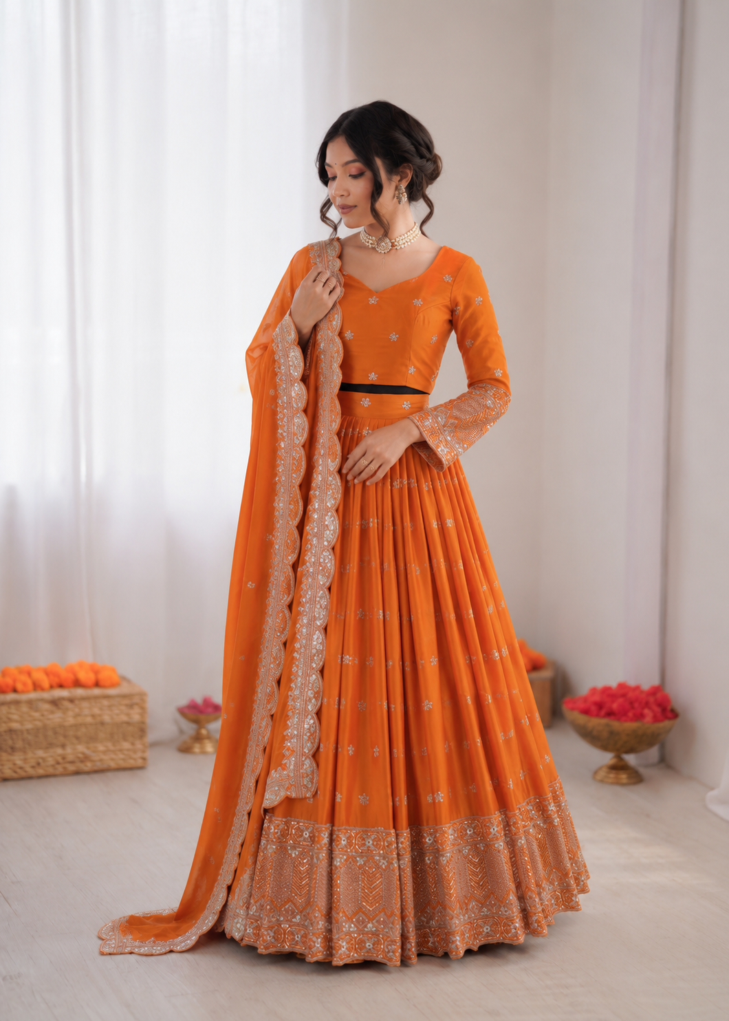 Prazu Fashion Orange Satin Silk Thread With Sequence Designer Lehenga