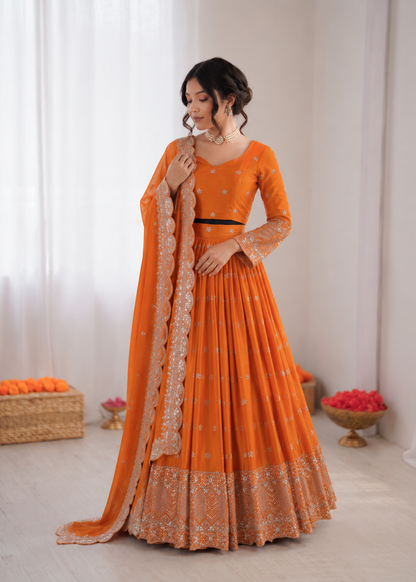Prazu Fashion Orange Satin Silk Thread With Sequence Designer Lehenga