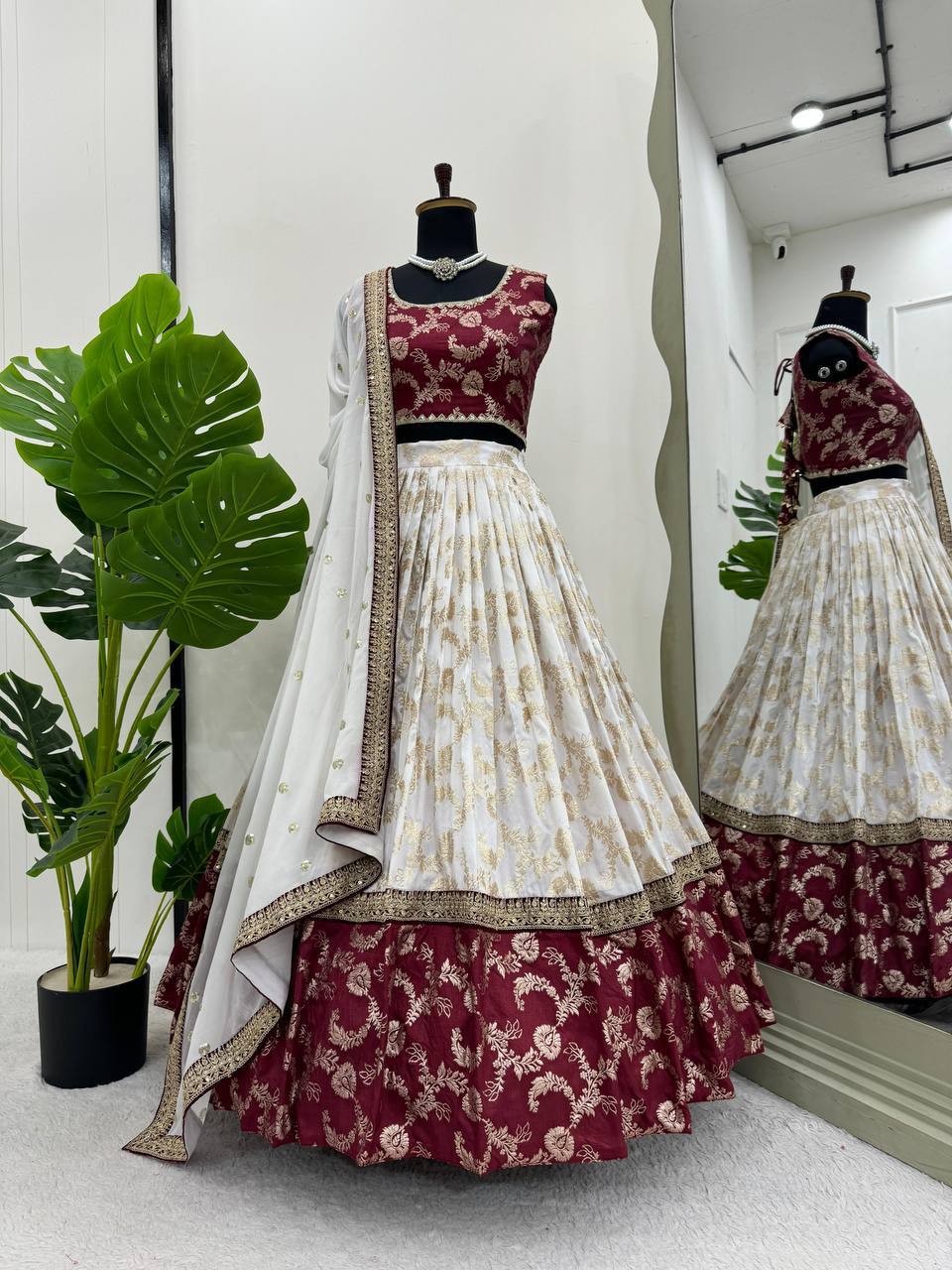 Prazu Fashion Off White Jacquard Coding With Sequence Designer Lehenga