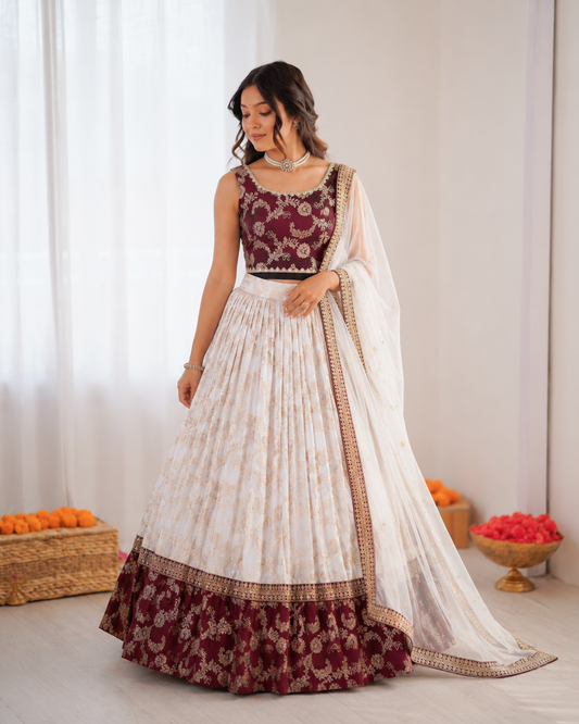 Prazu Fashion Off White Jacquard Coding With Sequence Designer Lehenga