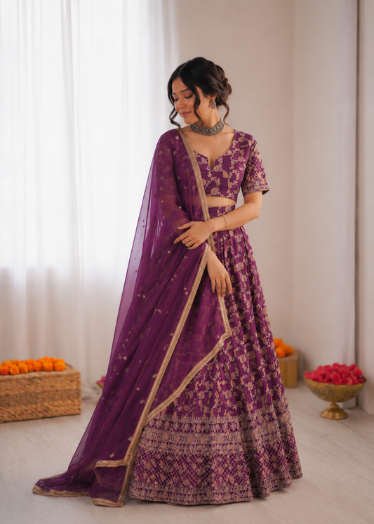 Prazu Fashion Purple Jacquard Thread With Sequence Designer Lehenga