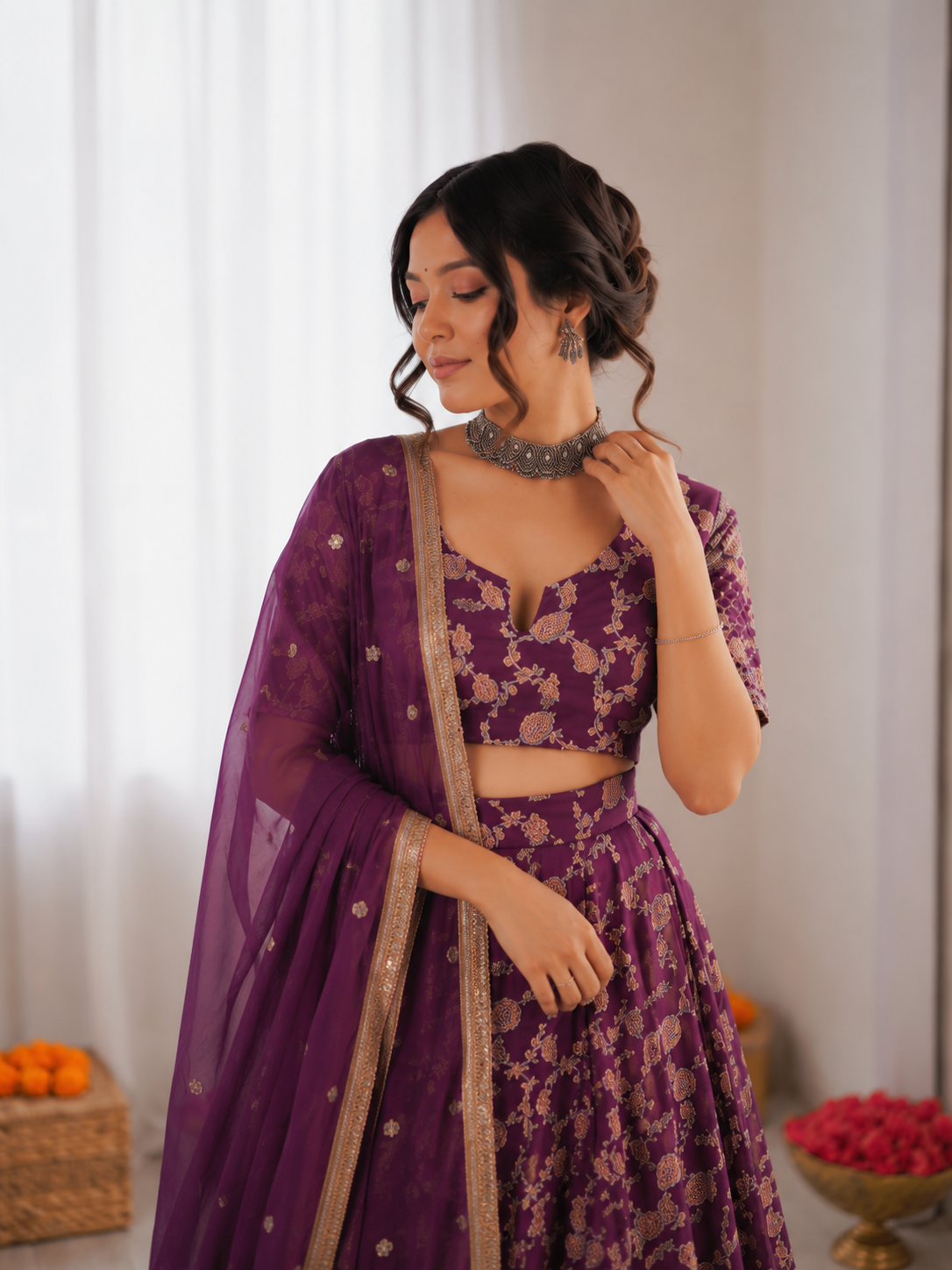 Prazu Fashion Purple Jacquard Thread With Sequence Designer Lehenga