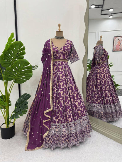 Prazu Fashion Purple Jacquard Thread With Sequence Designer Lehenga