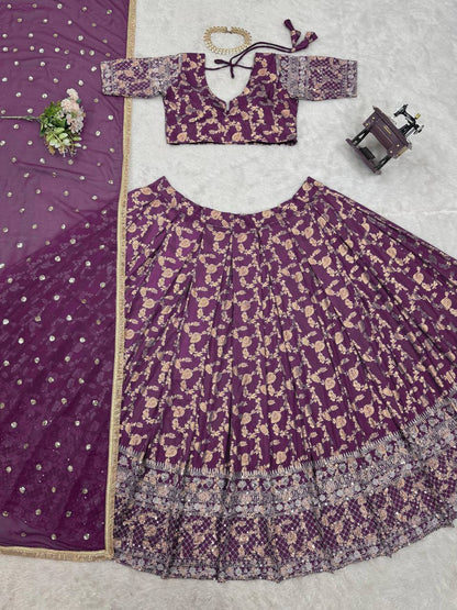 Prazu Fashion Purple Jacquard Thread With Sequence Designer Lehenga