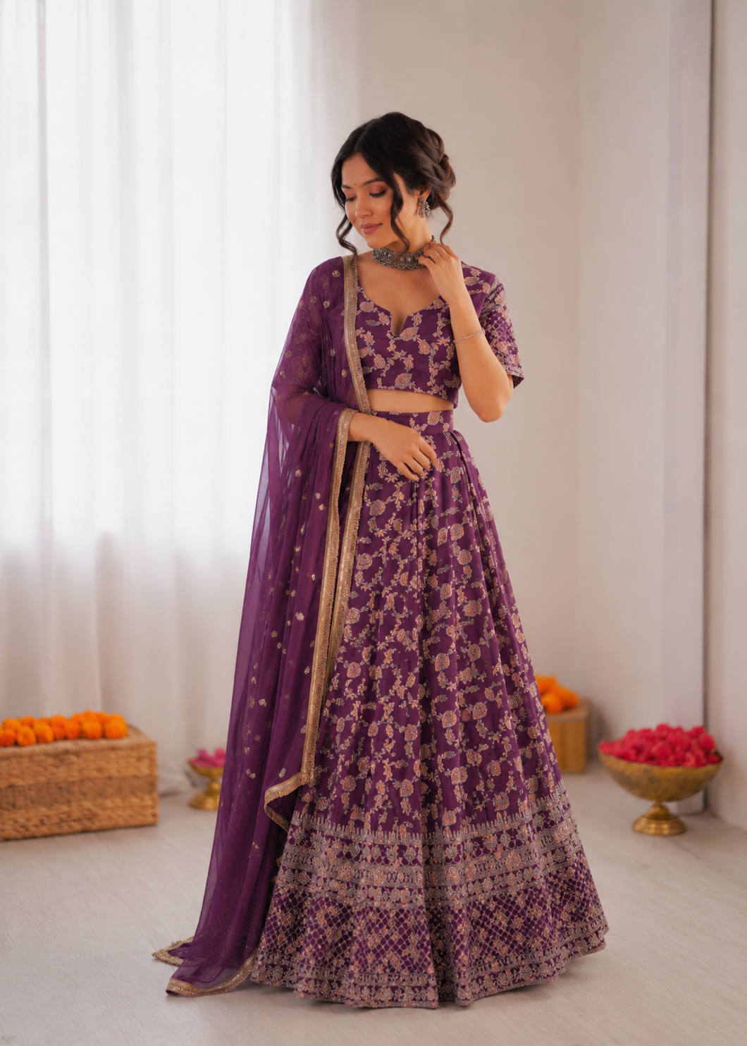 Prazu Fashion Purple Jacquard Thread With Sequence Designer Lehenga