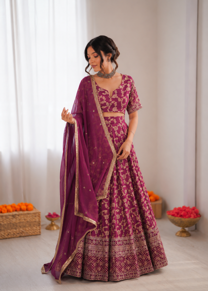Prazu Fashion Wine Jacquard Thread With Sequence Designer Lehenga