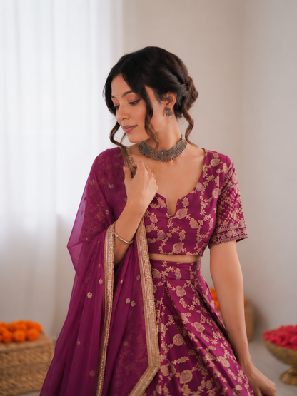 Prazu Fashion Wine Jacquard Thread With Sequence Designer Lehenga