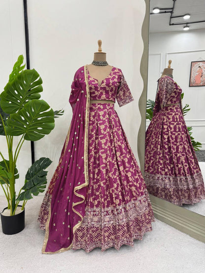 Prazu Fashion Wine Jacquard Thread With Sequence Designer Lehenga