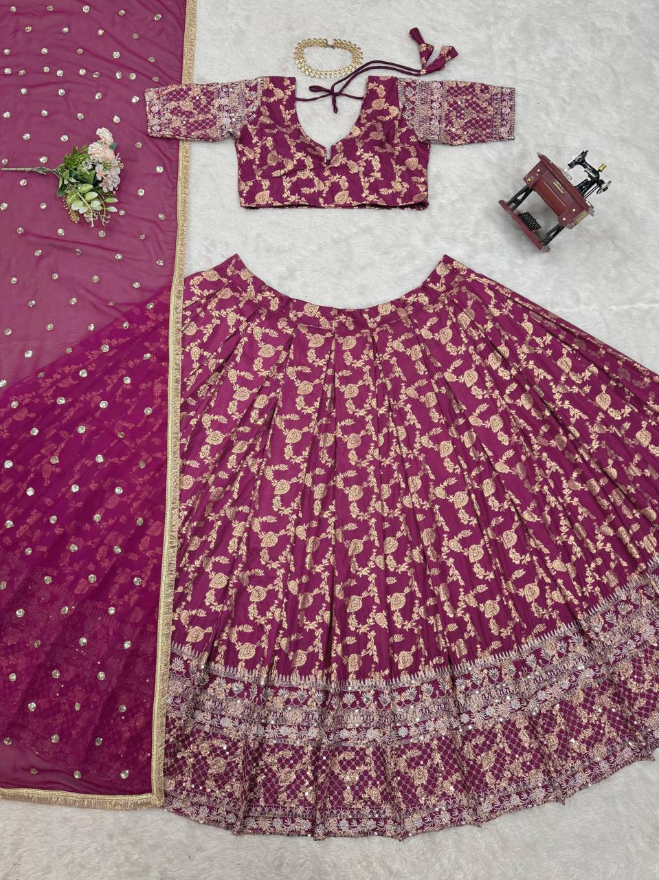 Prazu Fashion Wine Jacquard Thread With Sequence Designer Lehenga