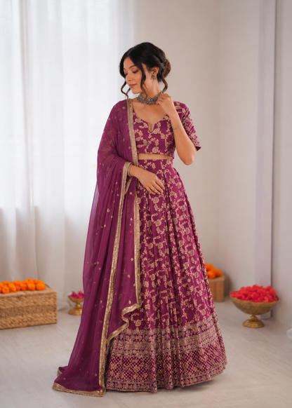Prazu Fashion Wine Jacquard Thread With Sequence Designer Lehenga