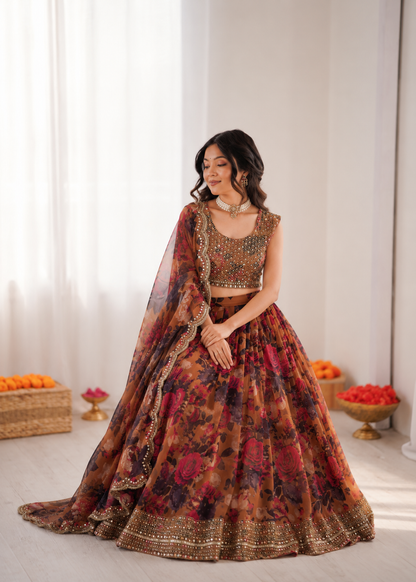 Prazu Fashion Multi Color Organza Silk Digital Print Thread Work Lehenga