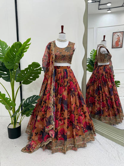 Prazu Fashion Multi Color Organza Silk Digital Print Thread Work Lehenga