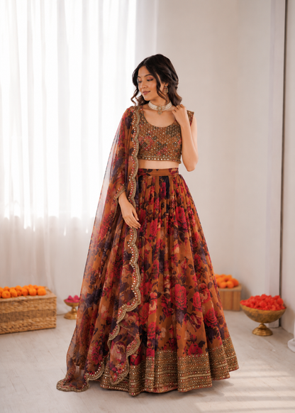 Prazu Fashion Multi Color Organza Silk Digital Print Thread Work Lehenga