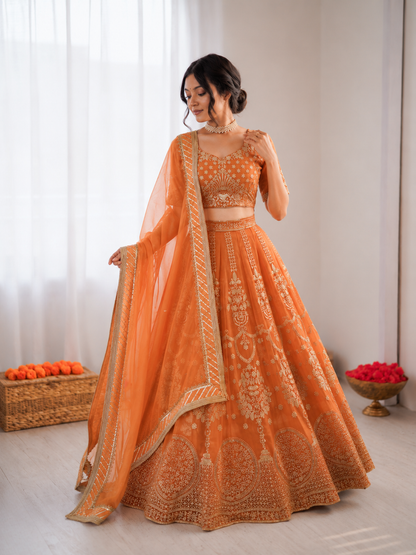 Prazu Fashion Orange Georgette Thread With Sequence Designer Lehenga