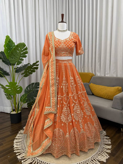 Prazu Fashion Orange Georgette Thread With Sequence Designer Lehenga