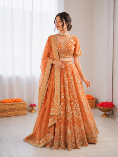 Prazu Fashion Orange Georgette Thread With Sequence Designer Lehenga