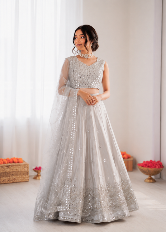 Prazu Fashion Light Grey Jatan Silk Thread With Sequence Designer Lehenga