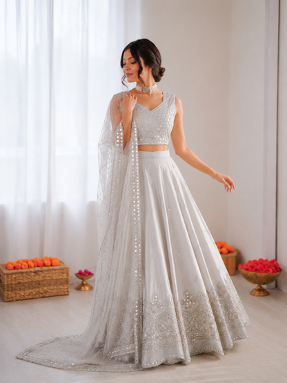 Prazu Fashion Light Grey Jatan Silk Thread With Sequence Designer Lehenga