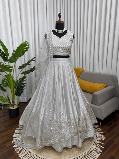Prazu Fashion Light Grey Jatan Silk Thread With Sequence Designer Lehenga