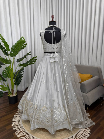 Prazu Fashion Light Grey Jatan Silk Thread With Sequence Designer Lehenga