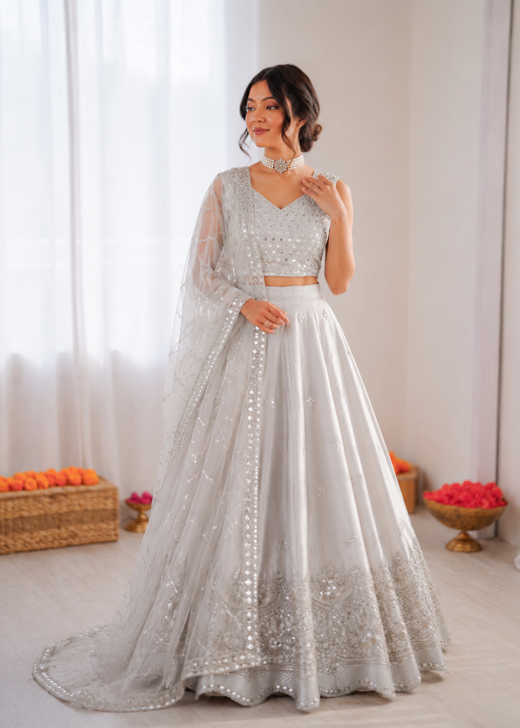 Prazu Fashion Light Grey Jatan Silk Thread With Sequence Designer Lehenga