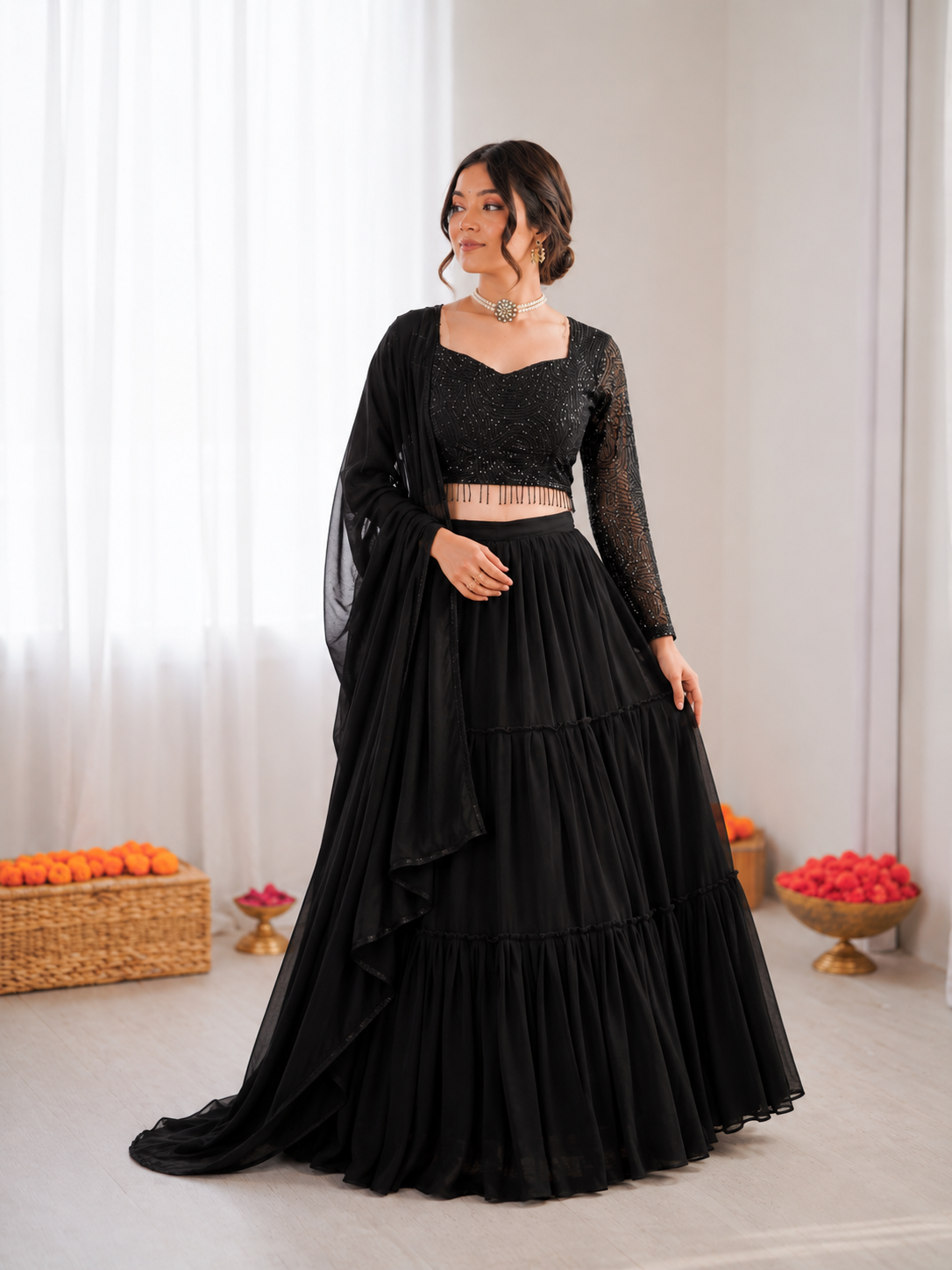 Prazu Fashion Black Georgette Thread With Sequence Designer Lehenga