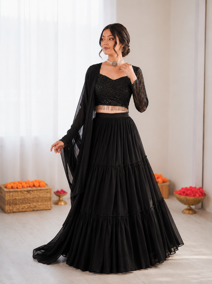 Prazu Fashion Black Georgette Thread With Sequence Designer Lehenga