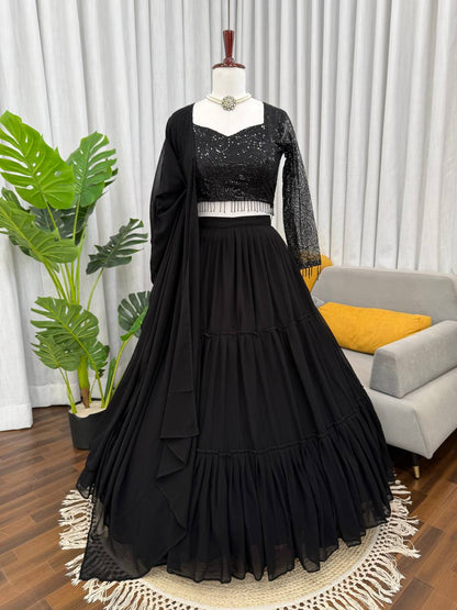 Prazu Fashion Black Georgette Thread With Sequence Designer Lehenga