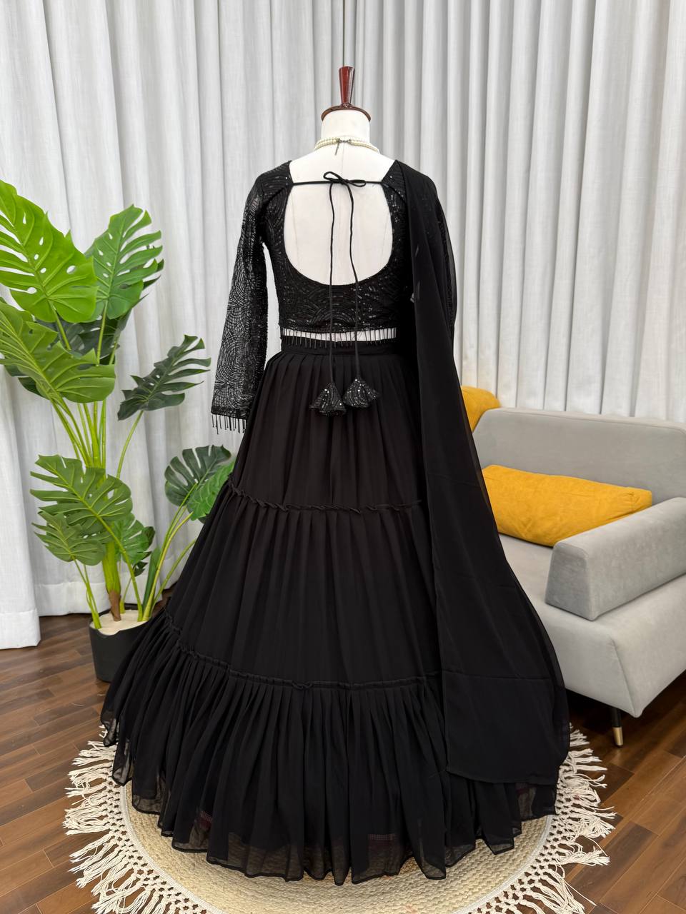 Prazu Fashion Black Georgette Thread With Sequence Designer Lehenga