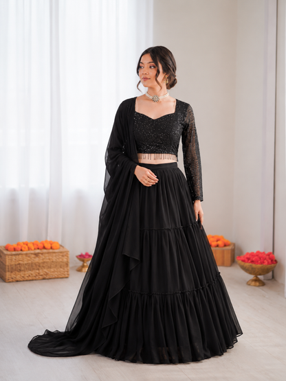 Prazu Fashion Black Georgette Thread With Sequence Designer Lehenga