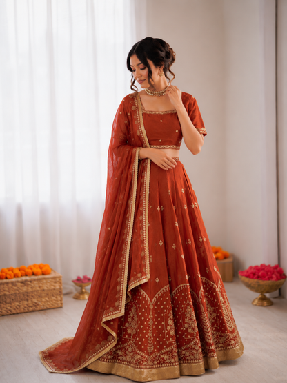 Prazu Fashion Rust Orange Art Silk Thread With Sequence Designer Lehenga