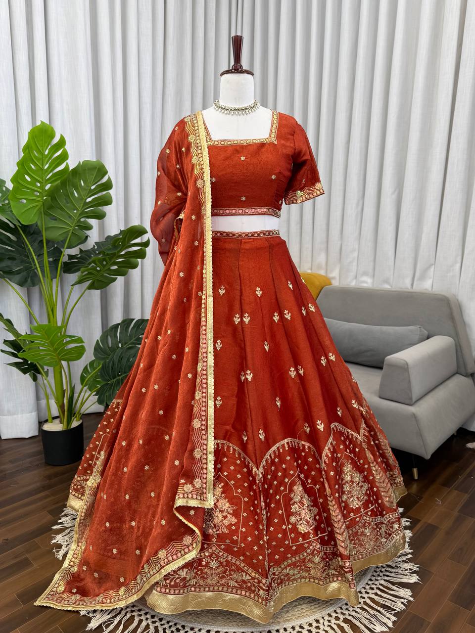 Prazu Fashion Rust Orange Art Silk Thread With Sequence Designer Lehenga