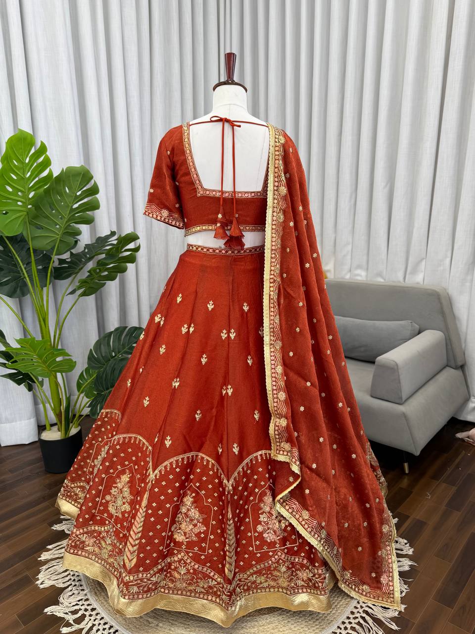 Prazu Fashion Rust Orange Art Silk Thread With Sequence Designer Lehenga