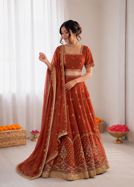 Prazu Fashion Rust Orange Art Silk Thread With Sequence Designer Lehenga