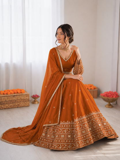 Prazu Fashion Orange Jatan Silk Thread With Sequence Designer Lehenga