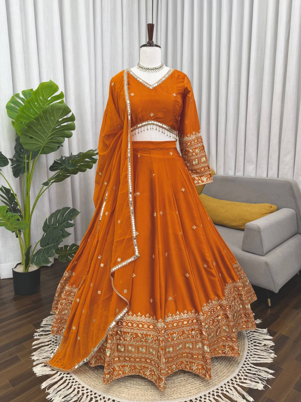 Prazu Fashion Orange Jatan Silk Thread With Sequence Designer Lehenga