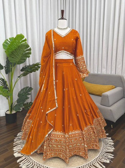 Prazu Fashion Orange Jatan Silk Thread With Sequence Designer Lehenga