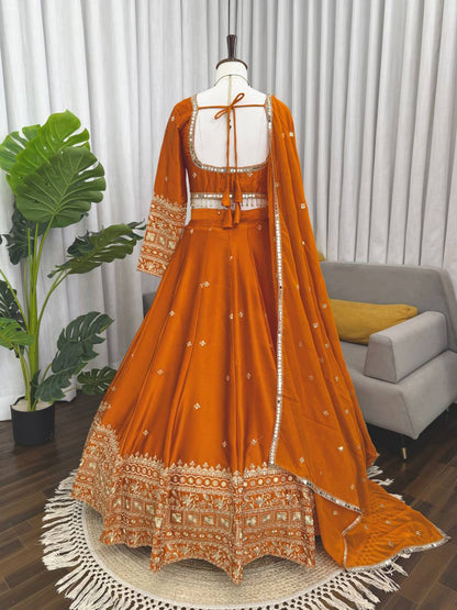 Prazu Fashion Orange Jatan Silk Thread With Sequence Designer Lehenga