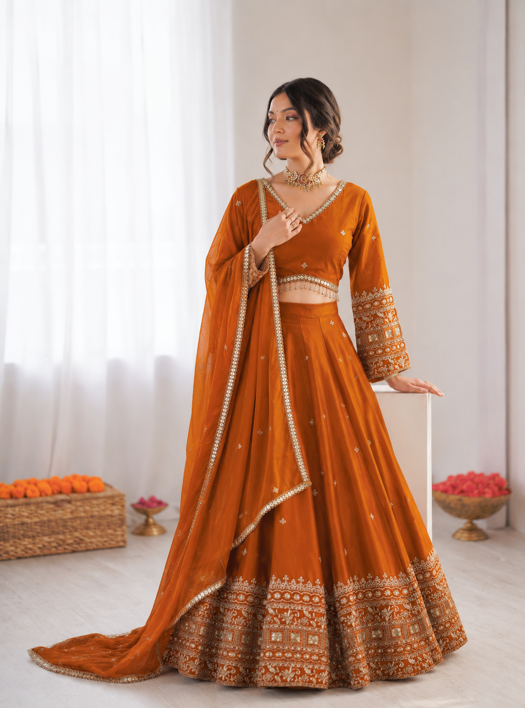 Prazu Fashion Orange Jatan Silk Thread With Sequence Designer Lehenga