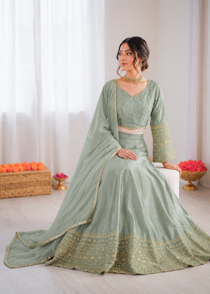 Prazu Fashion Sea Green Jatan Silk Thread With Sequence Designer Lehenga