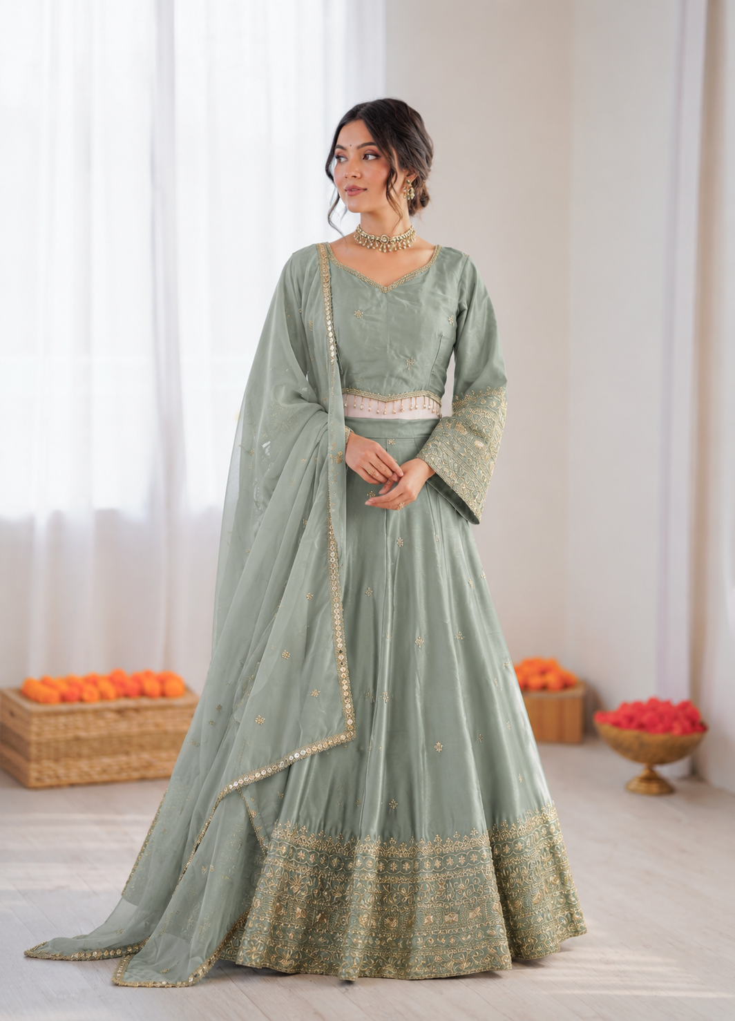 Prazu Fashion Sea Green Jatan Silk Thread With Sequence Designer Lehenga