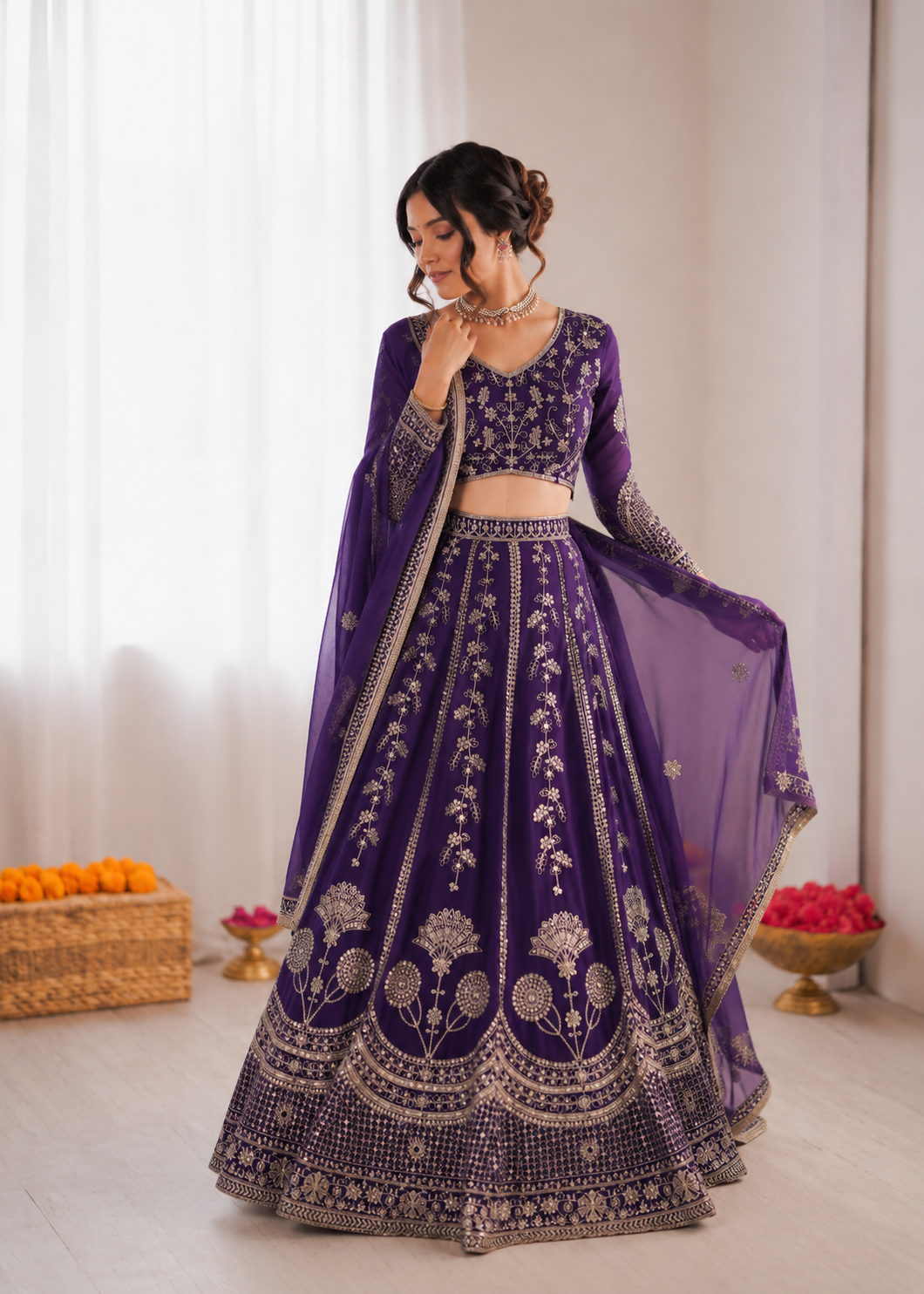 Prazu Fashion Royal Purple Georgette Thread With Sequence Designer Lehenga