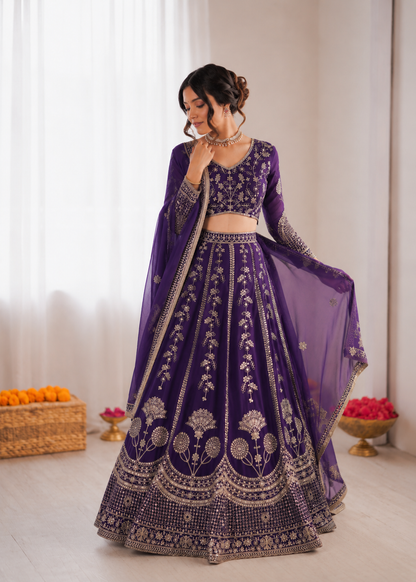 Prazu Fashion Royal Purple Georgette Thread With Sequence Designer Lehenga